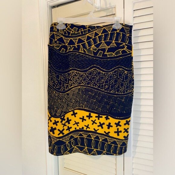 LulaRoe Cassie Blue/Yellow Geometric Print Pencil Skirt Size Large Stretchy Fabr - Picture 1 of 8